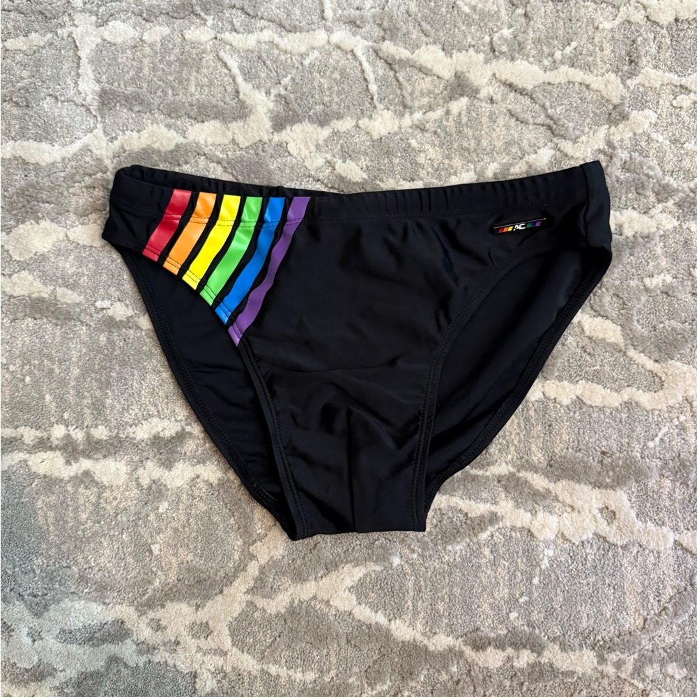 Andrew Christian Pride Black Swim Briefs with Rainbow Accent